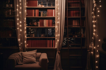 New Year's Christmas decorations interior with bright garlands on the background of a home library