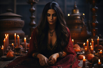 Naklejka premium Mysterious fortuneteller engages in ancient rites, peering into the ethereal, deciphering the cryptic messages of destiny.