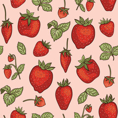 Bright realistic strawberry seamless pattern in hand-drawn style. Red berry and leaves on pink background. Food seamless pattern. 