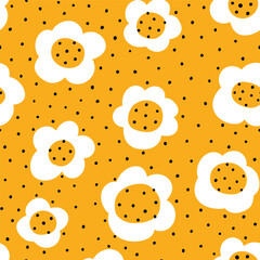 Vector floral seamless pattern design. Big flowers on yellow polka dot background. Repeat texture for kids fabric. - 666114128