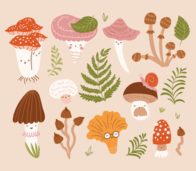 Vector hand-drawn mushroom set. Natural forest design elements. Cute mushroom isolated stickers.