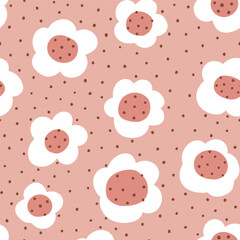 Vector floral seamless pattern design. Big flowers on pink polka dot background. Repeat texture for kids fabric. - 666114156