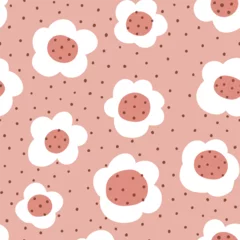 Tuinposter Vector floral seamless pattern design. Big flowers on pink polka dot background. Repeat texture for kids fabric. © Utro na more