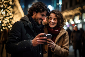A couple in the festive cityscape of Christmas and New Year shares a moment of joy, capturing memories with a mobile phone, their smiles blending with the festive glow - obrazy, fototapety, plakaty