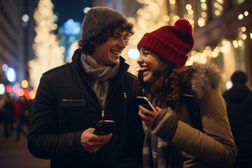 Smiling amidst the Christmas and New Year's city panorama, a couple holds a mobile phone, capturing...