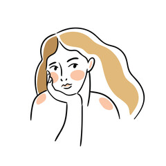 Linear female portrait isolated on white background. Beautiful young woman illustration. Abstract and simple shapes in hand-drawn modern style. T-shirt print design.