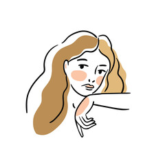 Linear female portrait isolated on white background. Beautiful young woman illustration. Abstract and simple shapes in hand-drawn modern style. T-shirt print design.