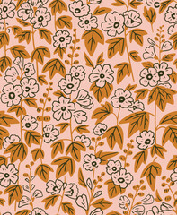 Mallow flower seamless pattern design. Vector floral texture. Beautiful nature fabric design in pink colors.  - 666114181