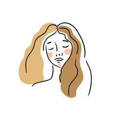 Linear female portrait isolated on white background. Beautiful young woman illustration. Abstract and simple shapes in hand-drawn modern style. T-shirt print design.