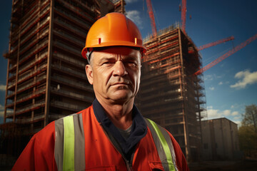 An older worker in a construction helmet, surrounded by evolving skyscrapers