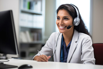 A doctor, a woman, offers telemedicine support with a friendly smile - obrazy, fototapety, plakaty