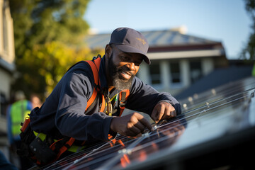 Close up of a fitter with cap assembles solar panels on the roof