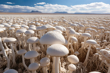 Obraz premium An extensive field populated with numerous mushrooms beneath the open blue heavens, epitomizing the wonders of natural mushroom farming