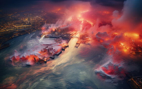 an aerial image of a tsunami over the city