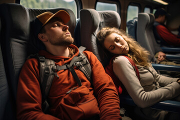Couple finding respite in sleep on a train seat, worn out from the lengthy journey