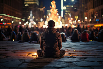 Amidst the nocturnal city hustle, a man peacefully meditates in lotus posture, symbolizing mental tranquility and resilience in urban life - obrazy, fototapety, plakaty