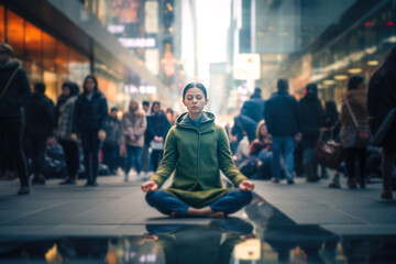 In the heart of the bustling urban night, a woman meditates serenely in lotus pose, underscoring the significance of mental peace amid city chaos - obrazy, fototapety, plakaty
