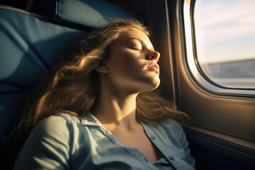 Fototapeta na wymiar During a prolonged train voyage, a weary woman seeks respite, closing her eyes on the train seat