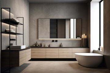 Contemporary minimalist bathroom light. Bath shower. Generate Ai - obrazy, fototapety, plakaty