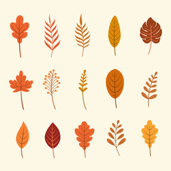 Collection fallen autumn leaves set on beige background, decorative, clip art. vector illustration.