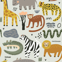 Safari seamless pattern cute cartoon background. Hand drawn in kid style. The design used for print, wallpaper, fabric, textile Kids vector illustration - 666114961
