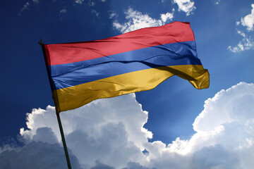national flag of Armenia waving in the wind on a clear day.