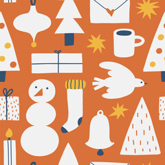 Seamless pattern with different winter and Christmas symbols. Vector background. Xmas modern holiday set. Funny new year seamless pattern cartoon. - 666115369
