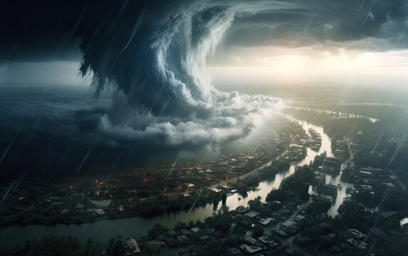 an aerial image of a tornado over the city