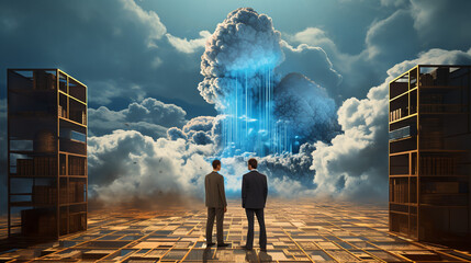 two people standing in an air raid environment looking at the cloud, in the style of computer-aided manufacturing, internet academia 