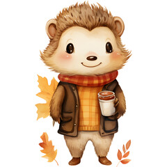 Happy brown Hedgehog Autumn with red scarf and coffee llustration