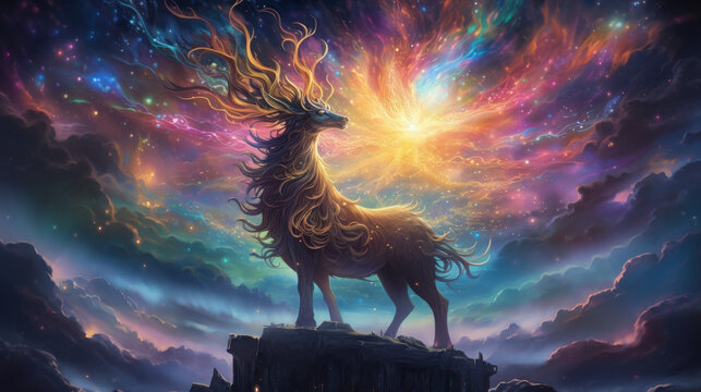 Legendary Qilin Creature, Kirin Of Chinese Mythology Reimagined, Ethereal Chinese Creature With Colored Cosmos And Universe. Celestial Qilin Concept. Generative AI 