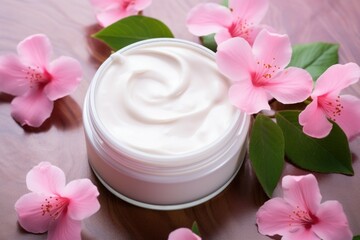 Fototapeta na wymiar Luxurious Cosmetic cream pink flowers. Body beauty. Generate Ai