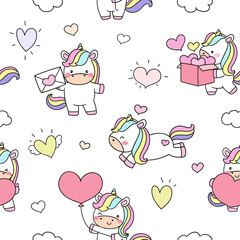 Seamless pattern background cute unicorn for valentine on white Kids print Doodle cartoon style © anchalee