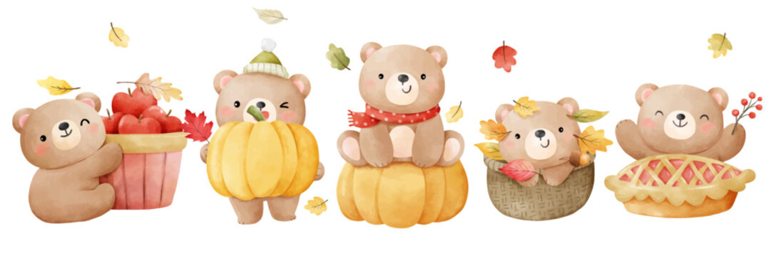 Draw vector illustration character design banner cute bear in fall autumn season Watercolor style