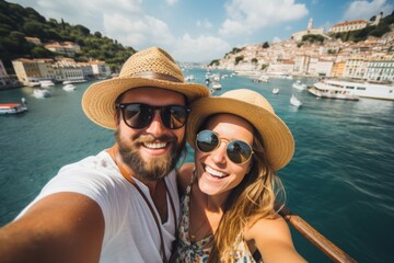 Fototapeta na wymiar Exploratory Couple traveler selfie. Summer adventure. Fictional person. Generate Ai