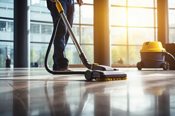 Diligent Professional Janitor Maintaining Office Cleanliness with Vacuum
