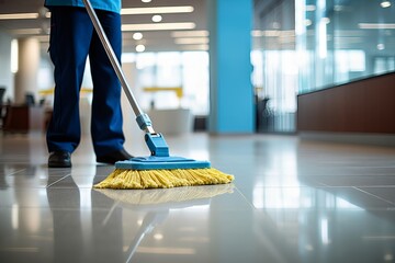 Diligent Professional Janitorial Service with Expert Mop Cleaning - obrazy, fototapety, plakaty
