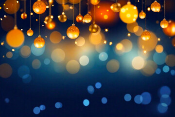 lights and blue background of christmas bauble bokeh effect.