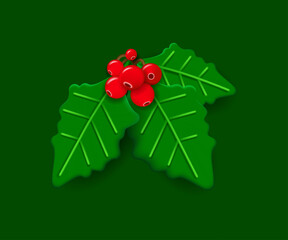 3D Holly leaves and berries. Traditional Christmas plant. Realistic object for Christmas design - 666118512