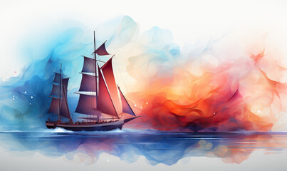 Abstract sailboat in a colorful sea of colors. - obrazy, fototapety, plakaty