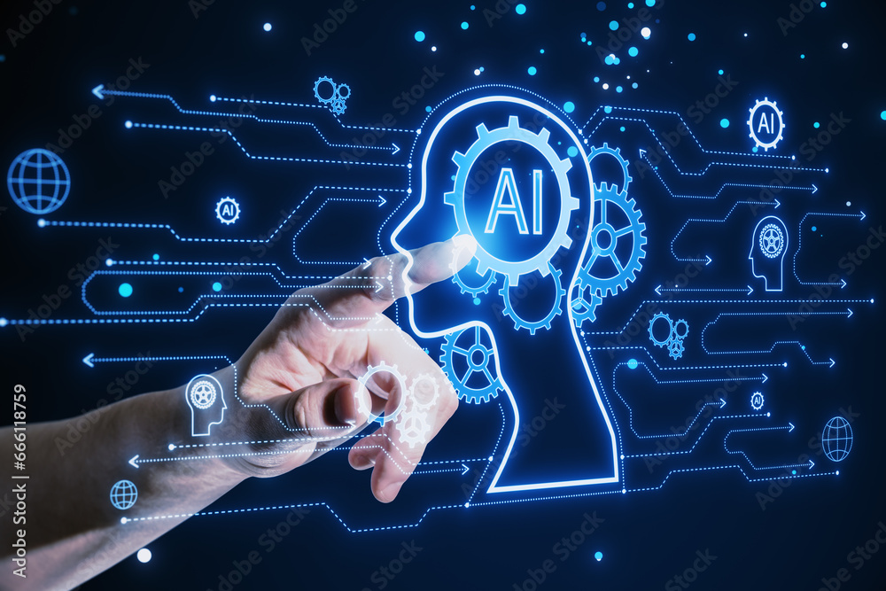 Poster close up of businessman hand pointing at creative ai head outline hologram with circuit on blurry bl