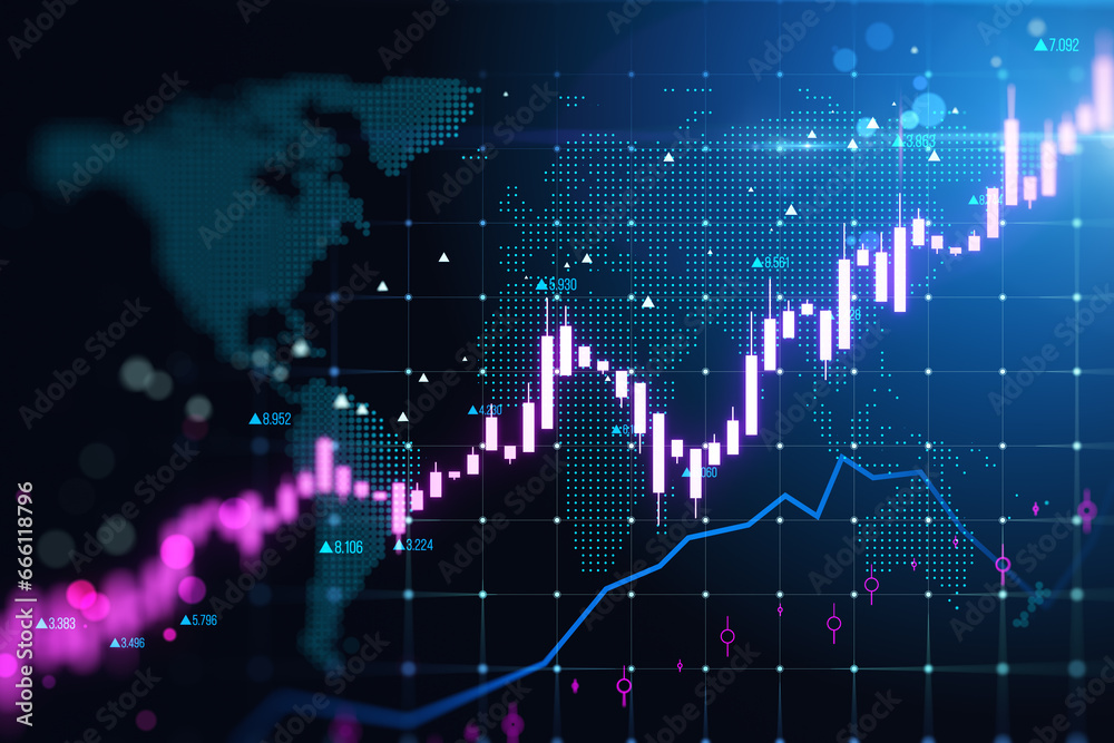 Poster creative glowing candlestick forex chart and map on blurry grid background. trade, finance and growi