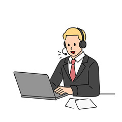 businessman office worker with laptop talking to client with speaker and headphone hand drawn illustration