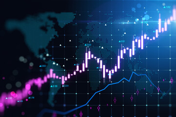 Creative glowing candlestick forex chart and map on blurry grid background. Trade, finance and growing market concept. 3D Rendering.