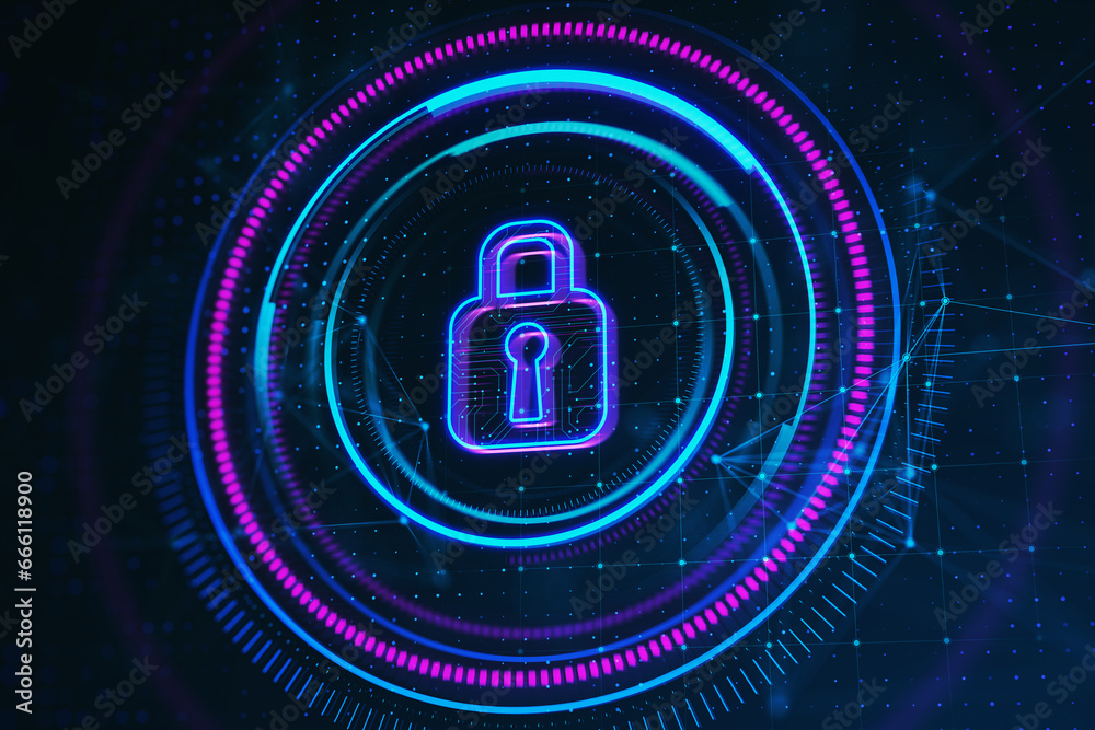 Poster creative digital round polygonal padlock button on dark background. secure, safety and web protectio