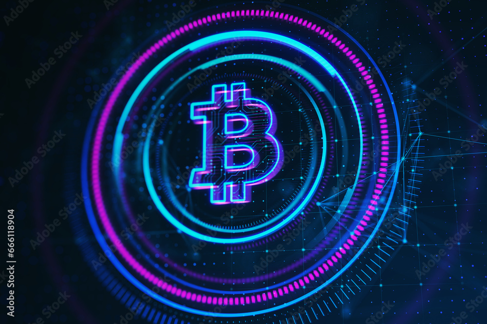 Poster creative glowing round polygonal bitcoin hologram on dark background. online banking and cryptocurre