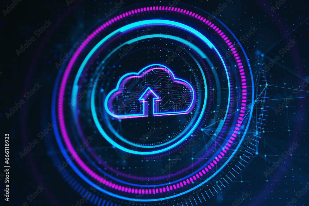Aufkleber Creative round cloud computing hologram on dark background. Server concept. 3D Rendering.
