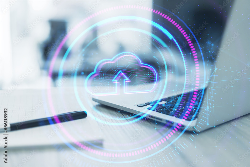 Poster close up of laptop and supplies with creative round cloud computing hologram on blurry background. s