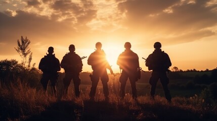 A group of mercenary soldiers during patrol and security of the territory. They move across the steppe terrain in the rays of the setting sun.