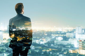 Back view of young businessman silhouette looking into the distance on creative night city background with mock up place. Future, success and career concept. Double exposure.